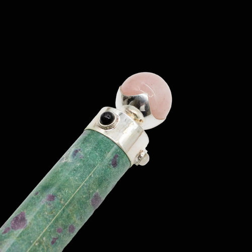 Bacchetta del Cuore Verde 23 cm – Rubino in Fuchsite, Quarzo Rosa e Cristallo di Rocca