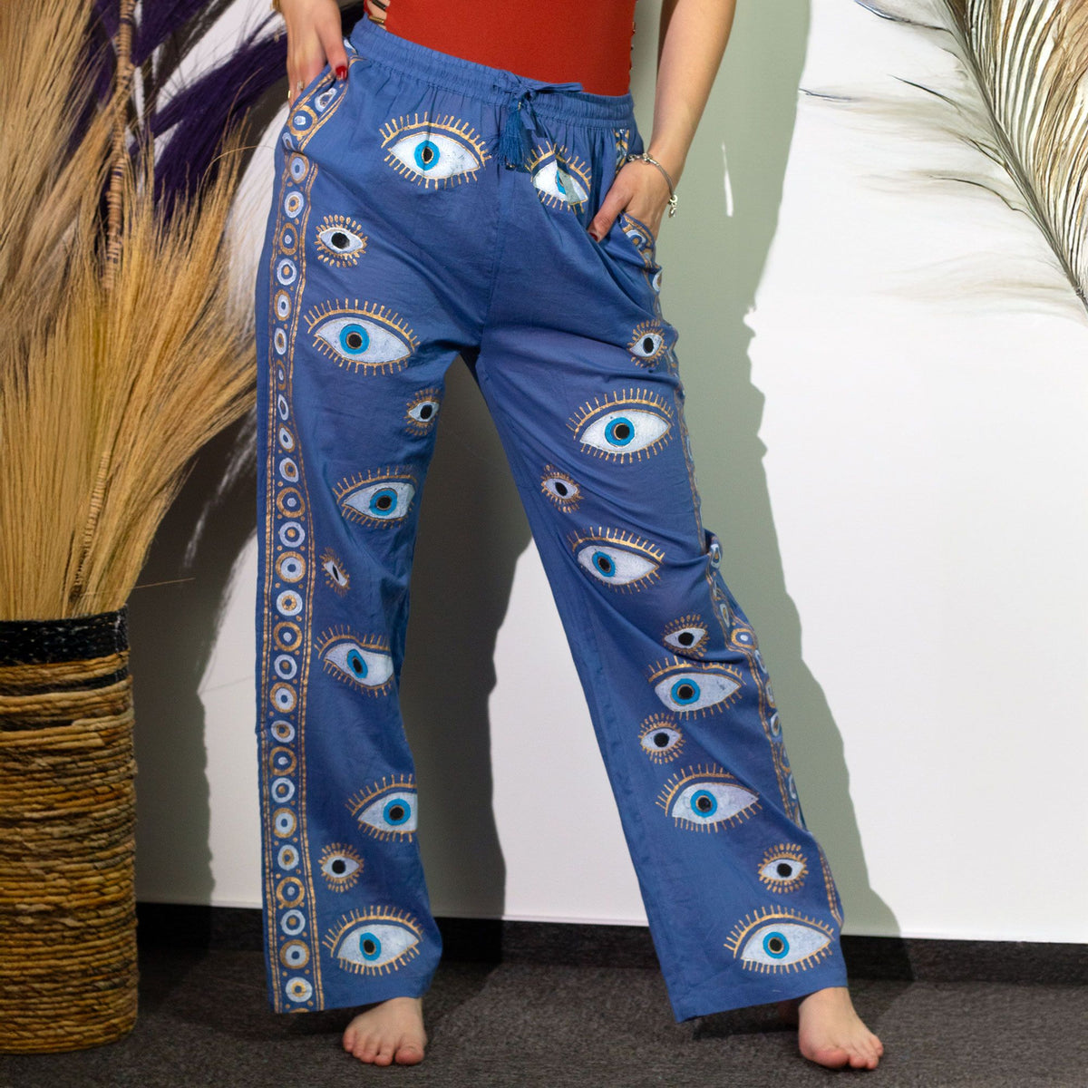 Pantaloni Nomad Sari Blu e Oro con Evil Eye – Taglia M/L